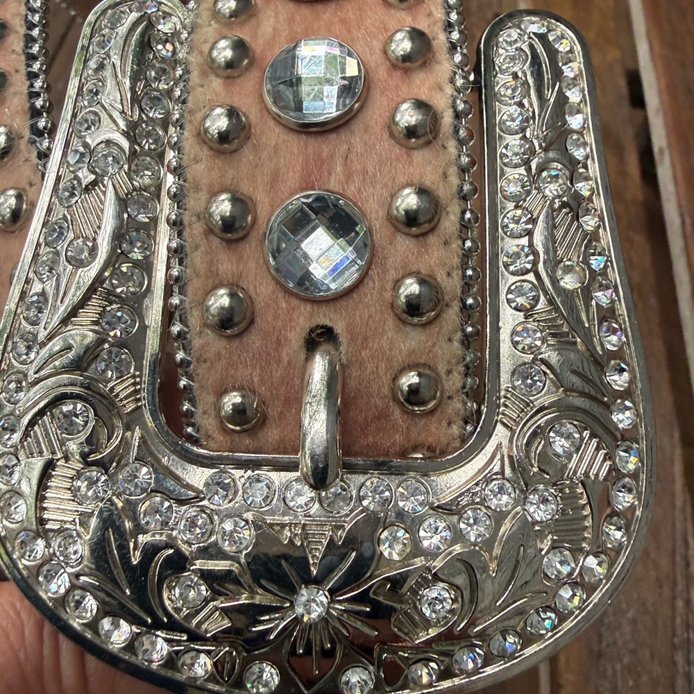 Rhinestone Western Belt with Faux Fur Detail - TAN